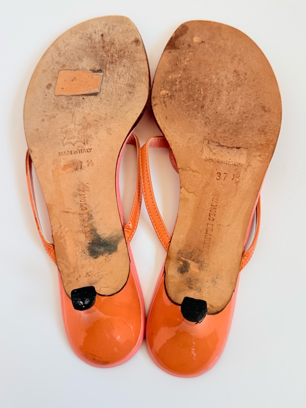Manolo Blahnik Coral Pink Orange Thong Mule Sandals Heels EU 37.5 Italy Vintage - Picture 8 of 10